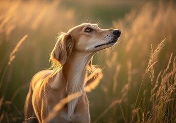 Elegant saluki dog standing in tall golden grass field bathed in warm sunlight