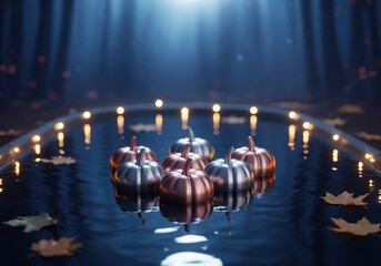 Whimsical metallic pumpkins floating on reflective water under mystical forest light