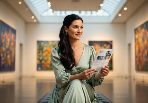 Elegant woman in a satin dress enjoying an art exhibition while reading a program guide