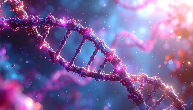 Abstract DNA strand, double helix with bright pink and blue lighting, and bokeh effect, on a soft gradient background