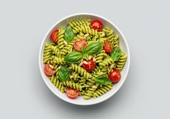 Vibrant green pesto pasta salad with fusilli, basil, tomato, and pine nuts