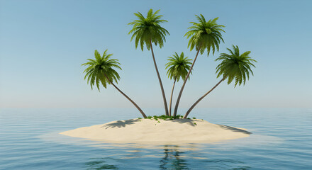 Obraz premium Serene Tropical Island with Five Palm Trees under a Clear Sky