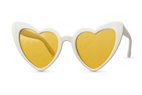 White heart shaped sunglasses with yellow lenses, representing love, fashion, and summer style on transparent background - Powered by Adobe