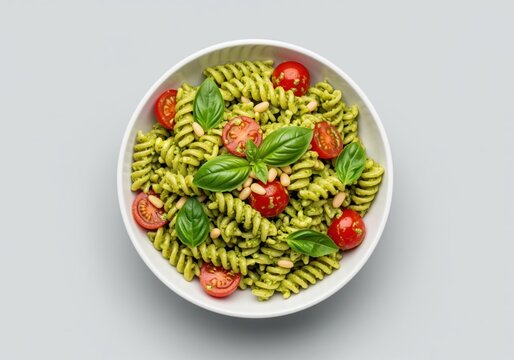 Vibrant green pesto pasta salad with fusilli, basil, tomato, and pine nuts - Powered by Adobe