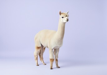 Obraz premium Ultra sharp studio portrait of a perfectly groomed white alpaca standing on a clean light purple background.