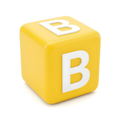 Bright Yellow Cube with White Letter B, Isolated on White Background