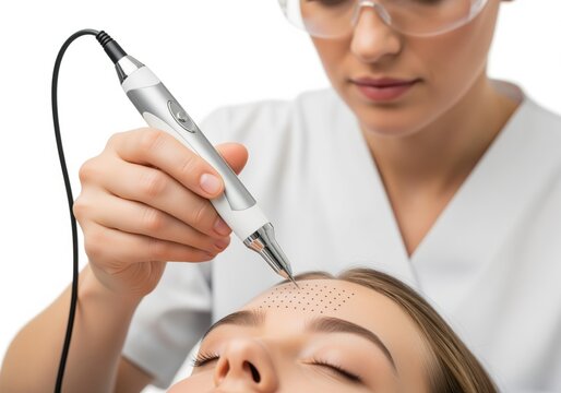 Aesthetician performing non surgical plasma lift procedure on woman forehead.