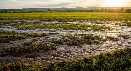 Reflections of sunlight over a waterlogged field revealing nature's resilience in a golden landscape