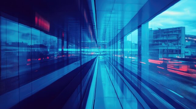 Modern building interior with moving walkway and city motion