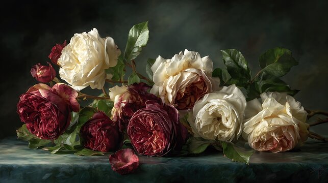 A luxurious still life arrangement of deep red and creamy white peonies on a stone surface