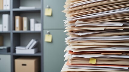 Overwhelmed by paperwork? Stack of files in office shows the burden of bureaucracy, perfect for illustrating stress, deadlines, and administrative overload