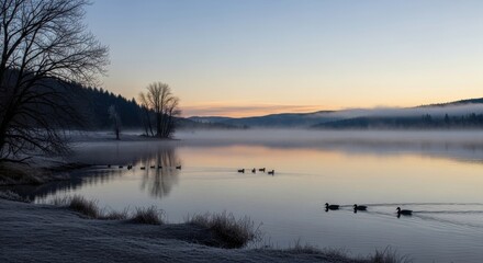 Serene misty lake at sunrise with ducks swimming peacefully creating a tranquil scene