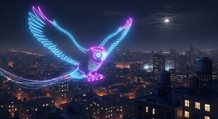Neon Owl Cityscape Night Urban Art Futuristic Glowing Bird Digital Design Modern Skyline Building
