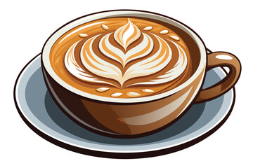 Brown cup filled with delicious coffee and creative latte art sits on a saucer