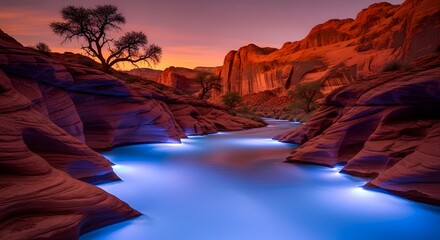 Canyon River Glow Night Landscape Utah Scenery Glowing Water Rock Formation Nature Adventure Travel Destination