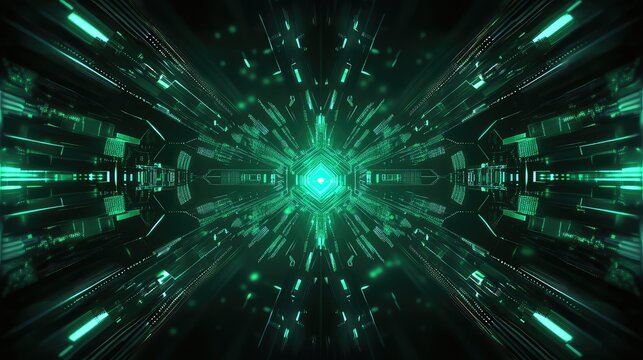 Abstract digital tunnel with glowing green light data