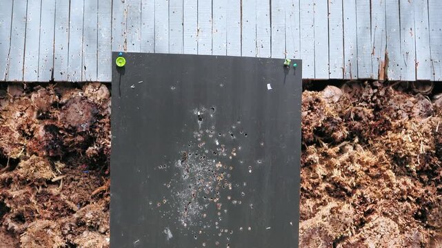 Old practice shooting target, damaged gun, bullet traces	
