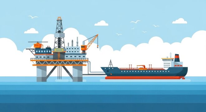 Offshore platform and tanker ship in the ocean under a blue sky with clouds illustration