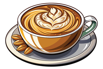 A cup showcasing coffee art sits perfectly on a saucer beside coffee beans