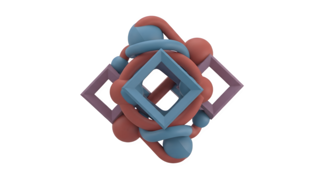 Abstract geometric sculpture with intertwined shapes and colors.