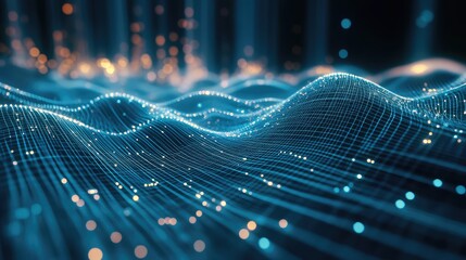 Digital data network connecting waves showing glowing particles