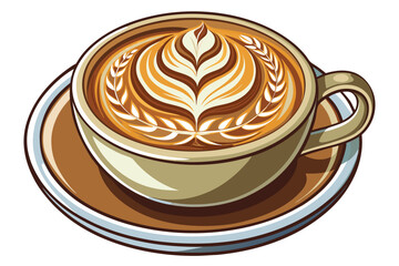 A steaming cup of latte art beautifully shows a captivating wheat design and charm