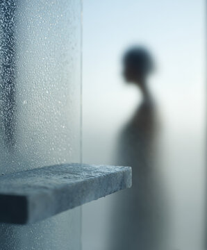 Stylish template for advertising a product for skin, body, or hair care. An elegant empty natural stone shelf in the shower, with a beautiful woman's silhouette hidden behind the wet 
