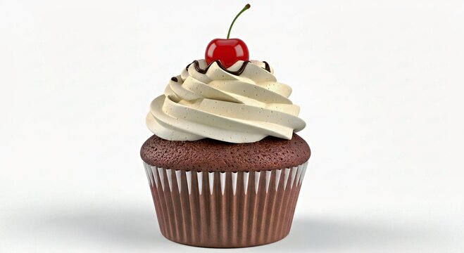 Detailed Three Dimensional Chocolate Cupcake Topped with Whipped Cream and Cherry