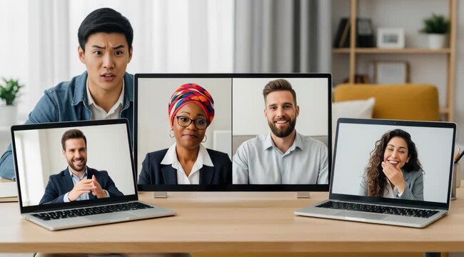 Asian man on a group video call with colleagues using multiple devices for remote collaboration
