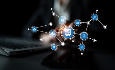 A captivating digital network graphic showcasing various data analytics icons connected against a black background, representing modern business and technology themes. Tessel