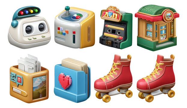Nostalgic 80s Arcade Icons in 3D Style for Retro Gaming Enthusiasts