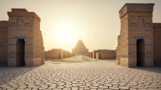 Mesopotamian Cityscape: Ancient Ruins and Ziggurat in Desert Landscape with Cracked Ground
