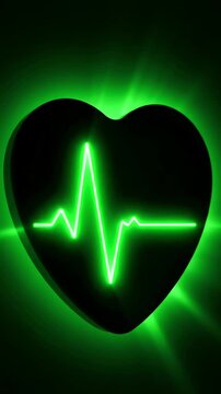 Green Screen 3d render heartbeat frequency on heart line monitor recording pulse scene 3 with distortion, overlay, glitch, static noise, scan lines black background, 4k animated video loop