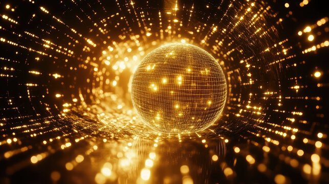 Golden disco ball creating light tunnel effect - Powered by Adobe