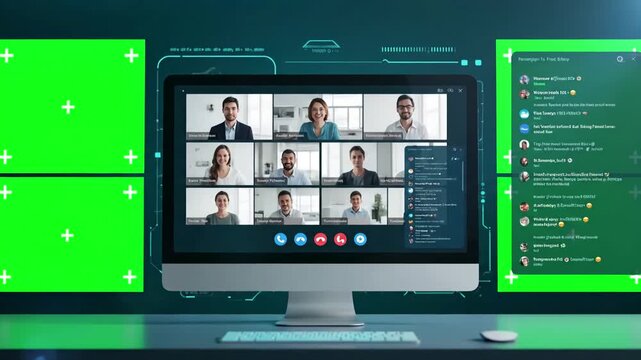 Green Screen six monitor video call meeting conference interface animation with single large group pc remote and chat in team virtual education chroma key scene 4 distortion, overlay, glitch, static