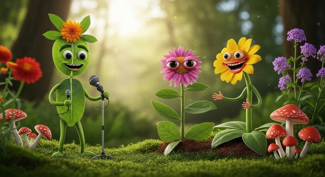Whimsical flora concert: A vibrant leaf character takes the stage amidst a flower filled audience