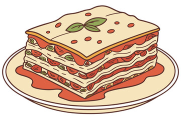 Delicious lasagna, layered with pasta, tomato sauce, cheese, and basil, rests on plate