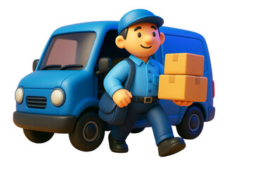Delivery man in blue uniform with packages beside van, cartoon style, isolated on white background, concept of shipping and logistics. Ai generative