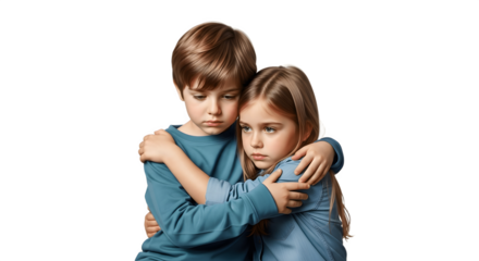 Brother and sister hugging with sad expressions.