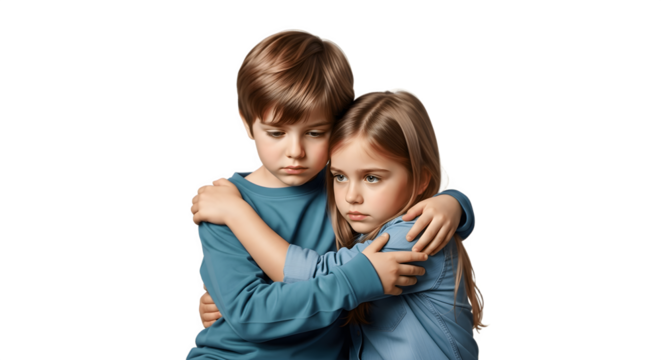 Brother and sister hugging with sad expressions.