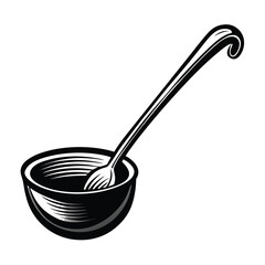 Ornate monochrome soup ladle rests inside matching bowl, presenting a clean aesthetic