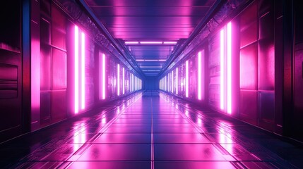 Cyberpunk futuristic corridor with neon pink lights and reflections