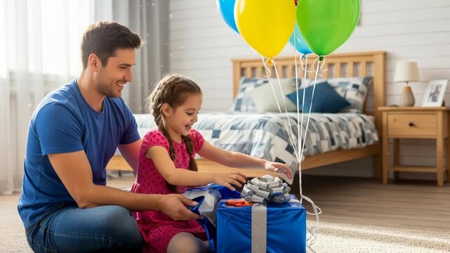 Joyful father and daughter unwrapping gift with colorful balloons in bright room