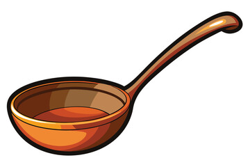 An isolated cartoon illustration of a brown and orange cooking ladle is featured