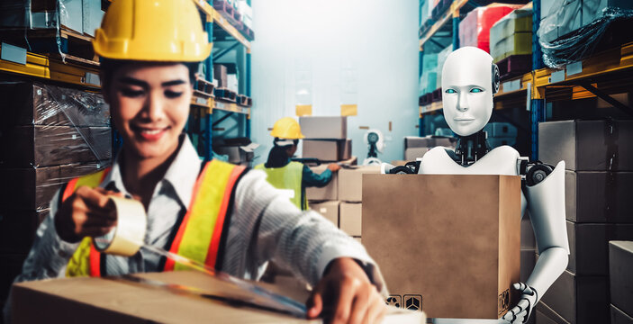 Innovative industry robot working in warehouse together with human worker . Concept of artificial intelligence for industrial revolution and automation manufacturing process . - Powered by Adobe