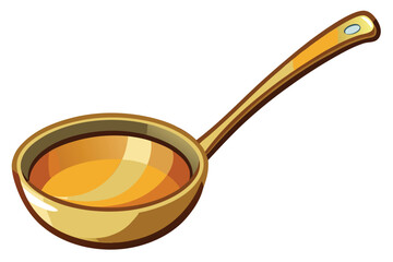 A golden metal ladle, filled with amber liquid, rests isolated on white