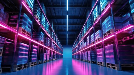 Futuristic warehouse interior with neon pink and blue lighting
