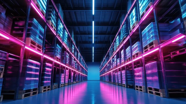 Futuristic warehouse interior with neon pink and blue lighting - Powered by Adobe
