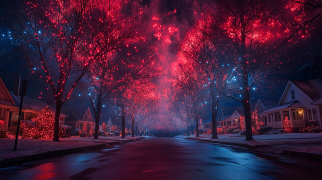 Supernatural Christmas Lights Invasion in Hawkins Suburban Street with Glowing Red and Blue Ornaments
