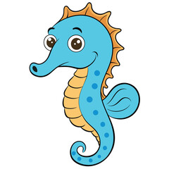 Fototapeta premium Cartoon Style Smiling Seahorse, Blue Body, Orange Mane, Isolated on White Background
